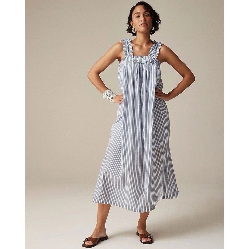 J. Crew Cotton Voile Ruffle Stripe Midi Dress Blue White Medium
